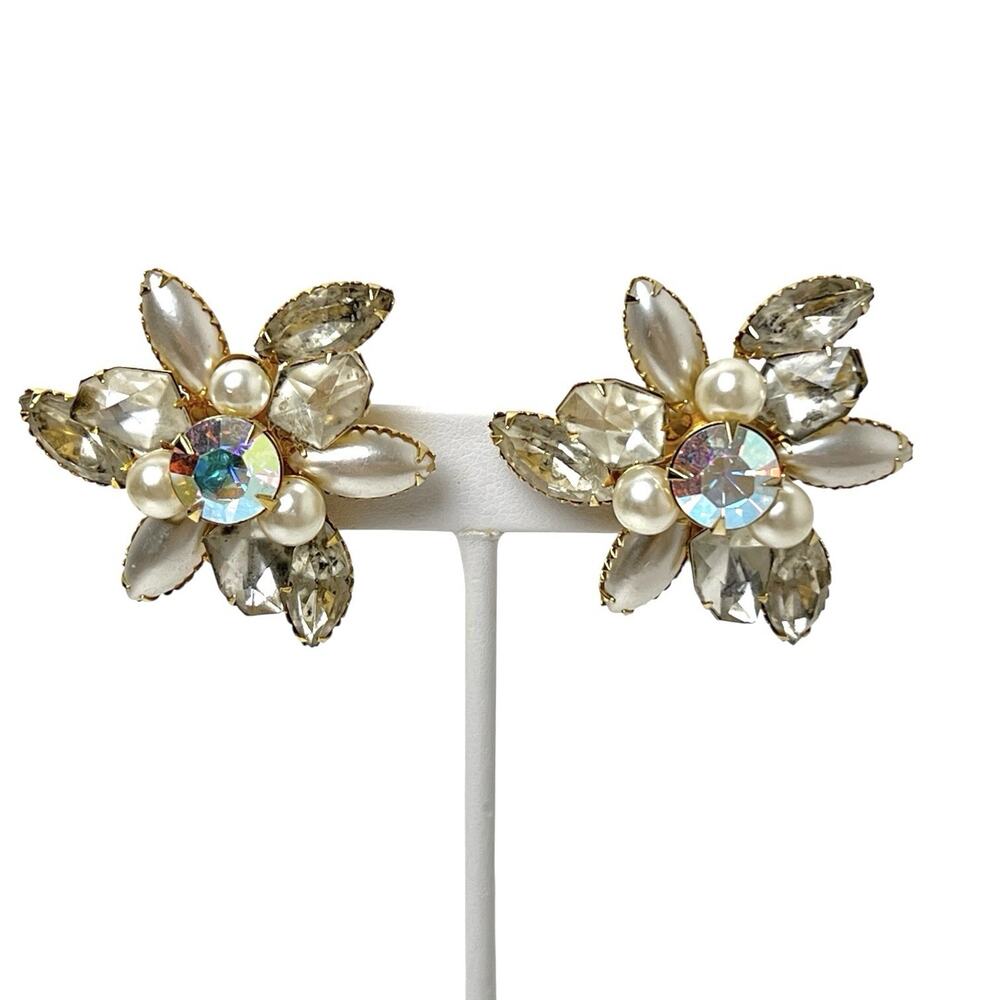 Judy Lee Earrings AB Rhinestone Clip On Faceted Center Faux Pearl Petals Vintage